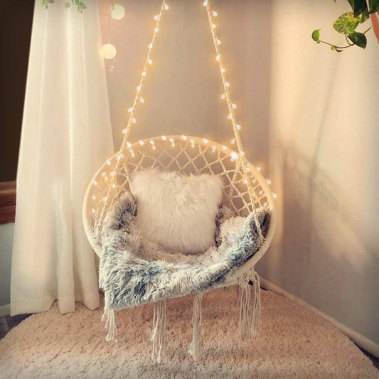 SURPCOS Round Hammock Chair Swing with Two LED Lights, Upgraded Max 550LBs Macrame Swing for Indoor and Outdoor Use, Hanging Cotton Rope Macrame Hammock Chair Swing with Stainless Steel Hardware Kits