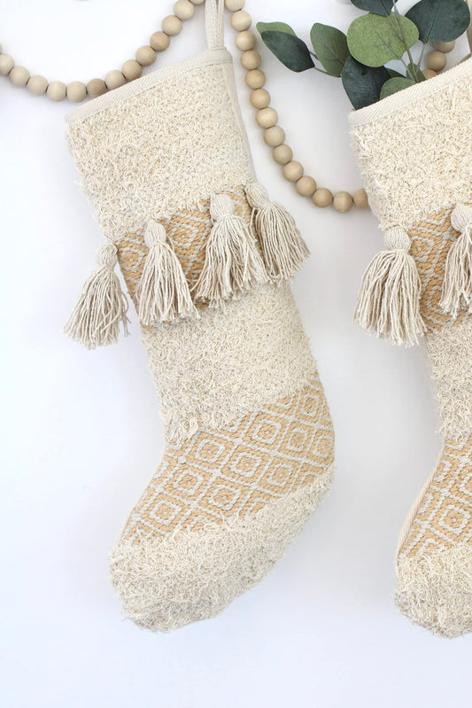 Casa Boho Christmas Stocking Holiday Stockings Christmas Decorations Boho Stocking Neutral Stockings Boho Christmas Stockings for Hanging Family Xmas Stockings Neutral Stockings Christmas Tassels Tan